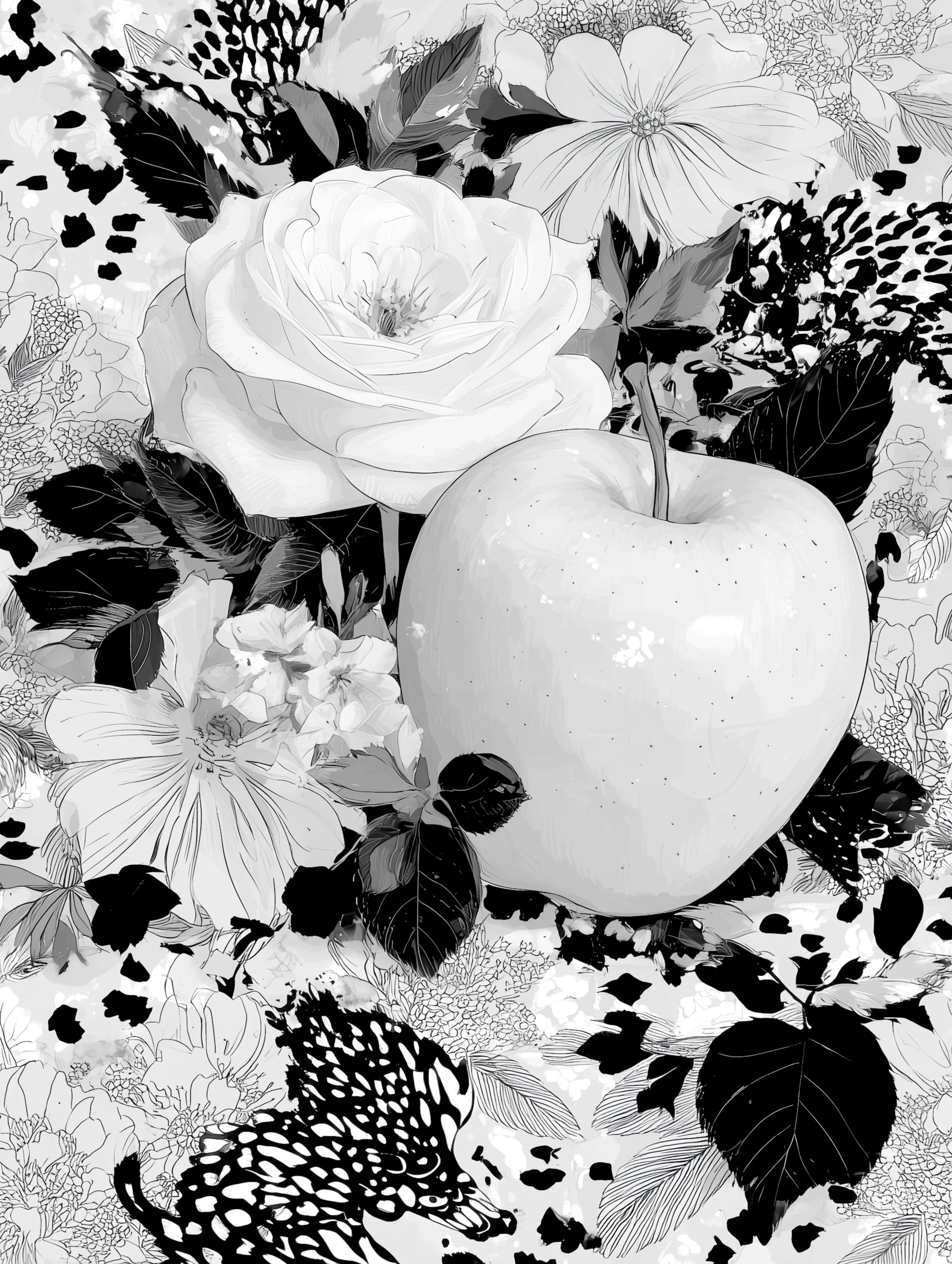 Free printable apple coloring page for adults featuring fancy apple with flowers